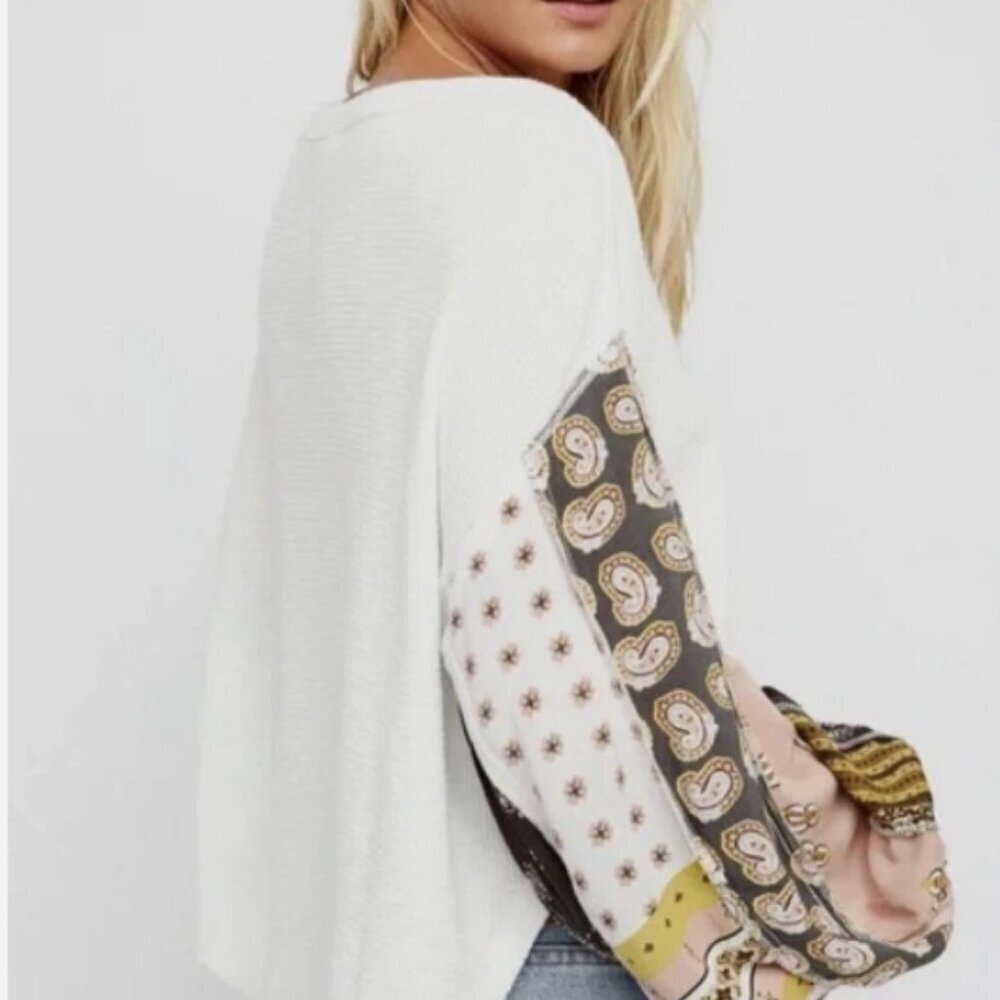 Free People Blossom Thermal Top Small White Waffle Knit Oversized Boho